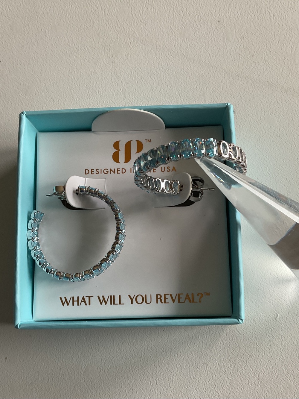bp Aqua Crystal Hoop Earrings with Silver Tones